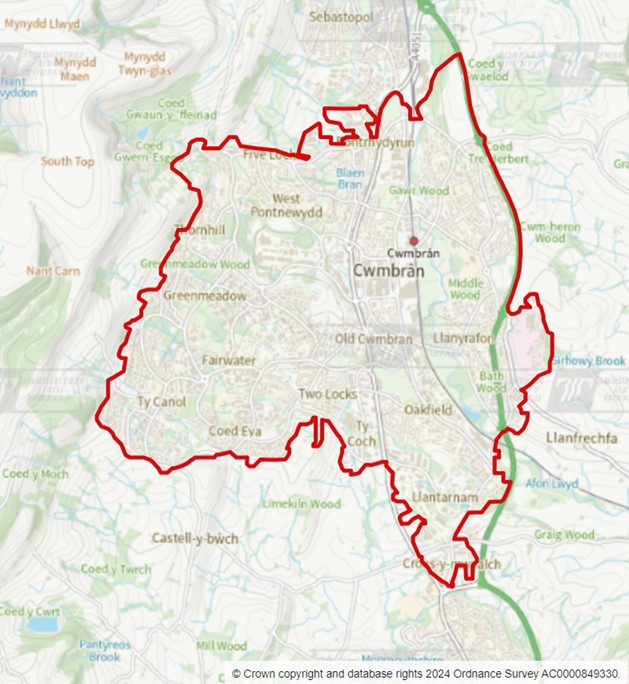 Map outlining the area covered by the Long Term Plan for Cwmbran Town