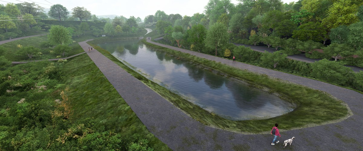 Artisit impression of the proposed sbove-ground open water channel on the Black Patch