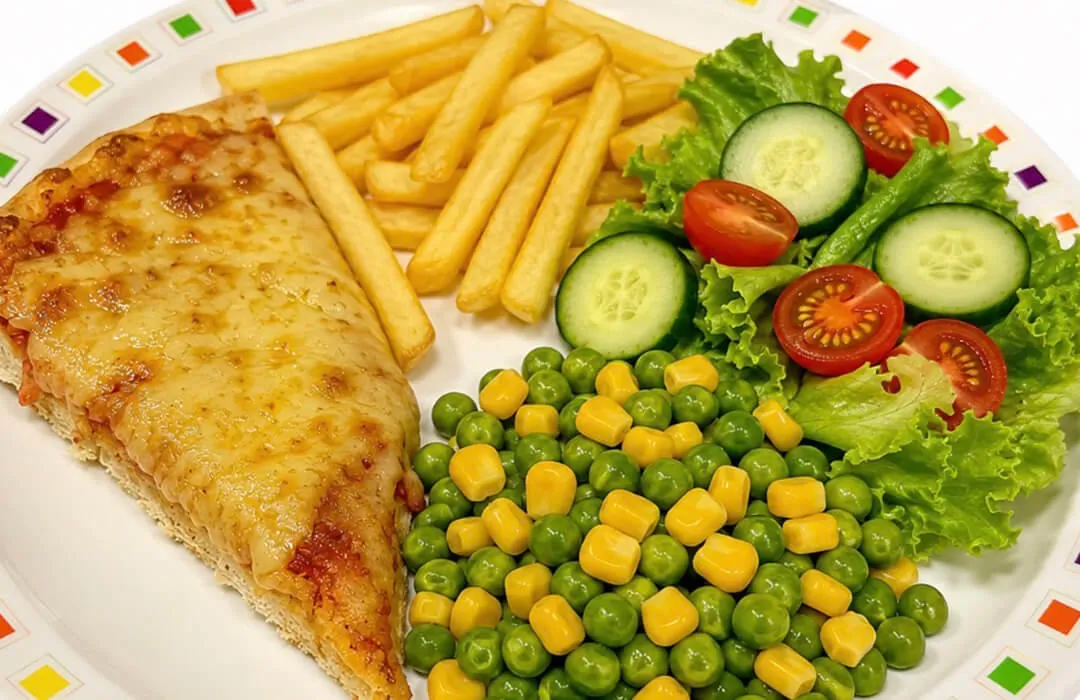 Cheese and tomato pizza with chips, salad, beans or peas and sweetcorn