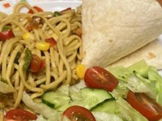 Vegetable noodles with tortilla wrap (V), herby diced potatoes, peas or mixed salad