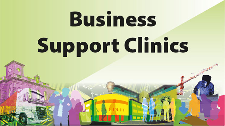 Montage of business related images with the title Business Support Clinics