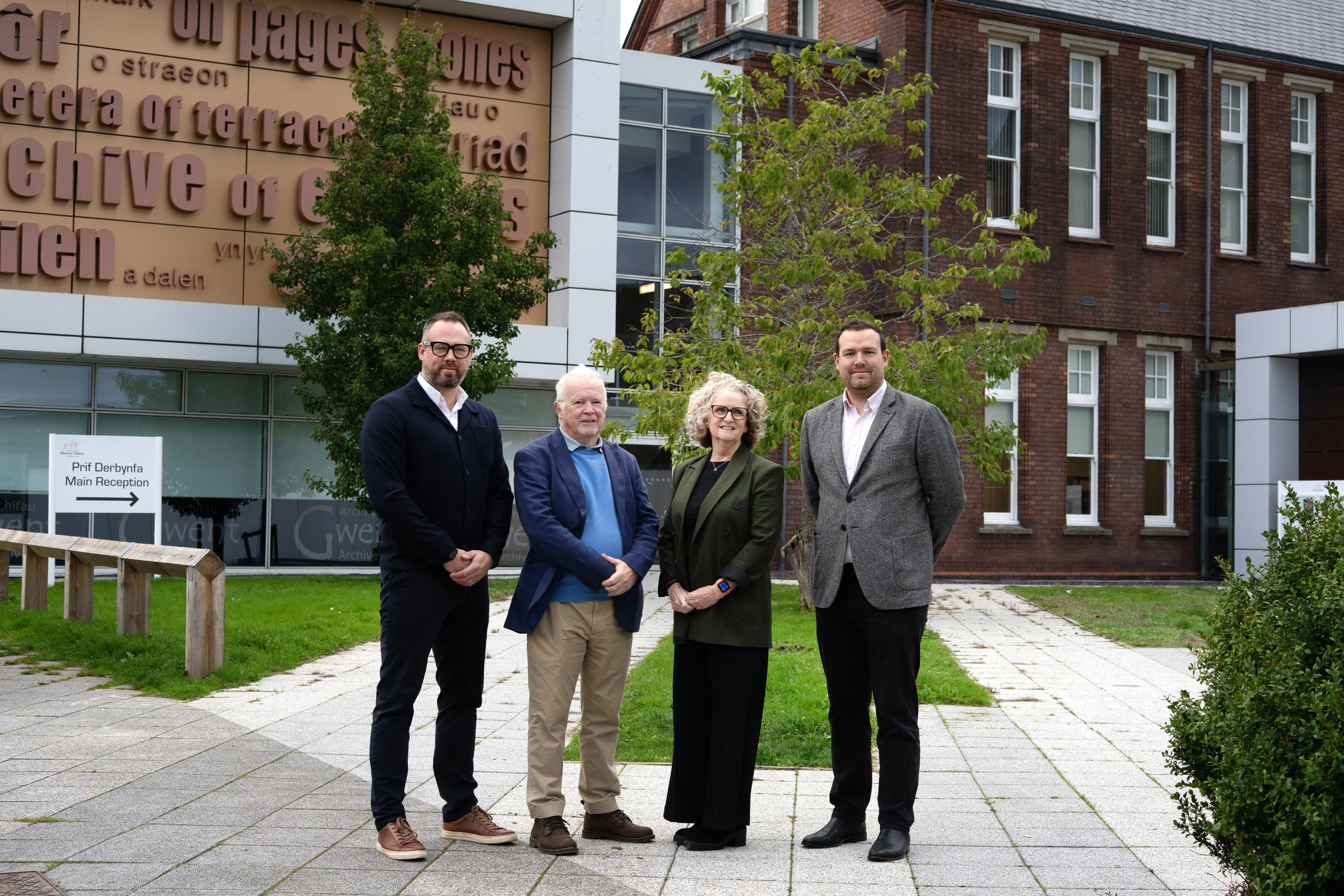 Benji Slater from Cityheart, Cllr John Morgn, Cllr Joanne Gauden and Chris Wheeler from Willmott Dixon Developments stood in front of the Gwent Archives offices in Ebbw Vale