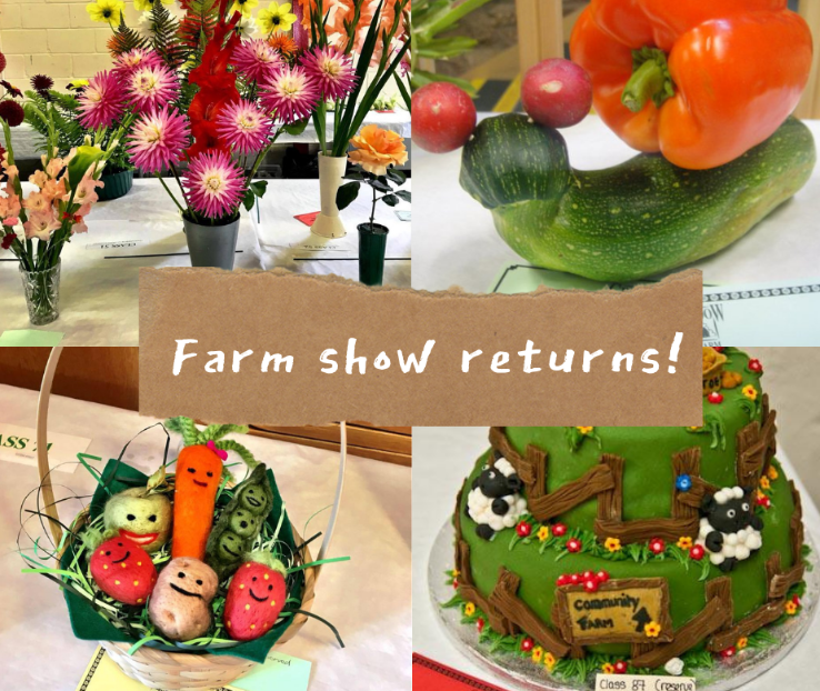 Farm show promotion prize flowers, home-grown vegetables, produce and a  cake, with the text "Farm Show returns!" across