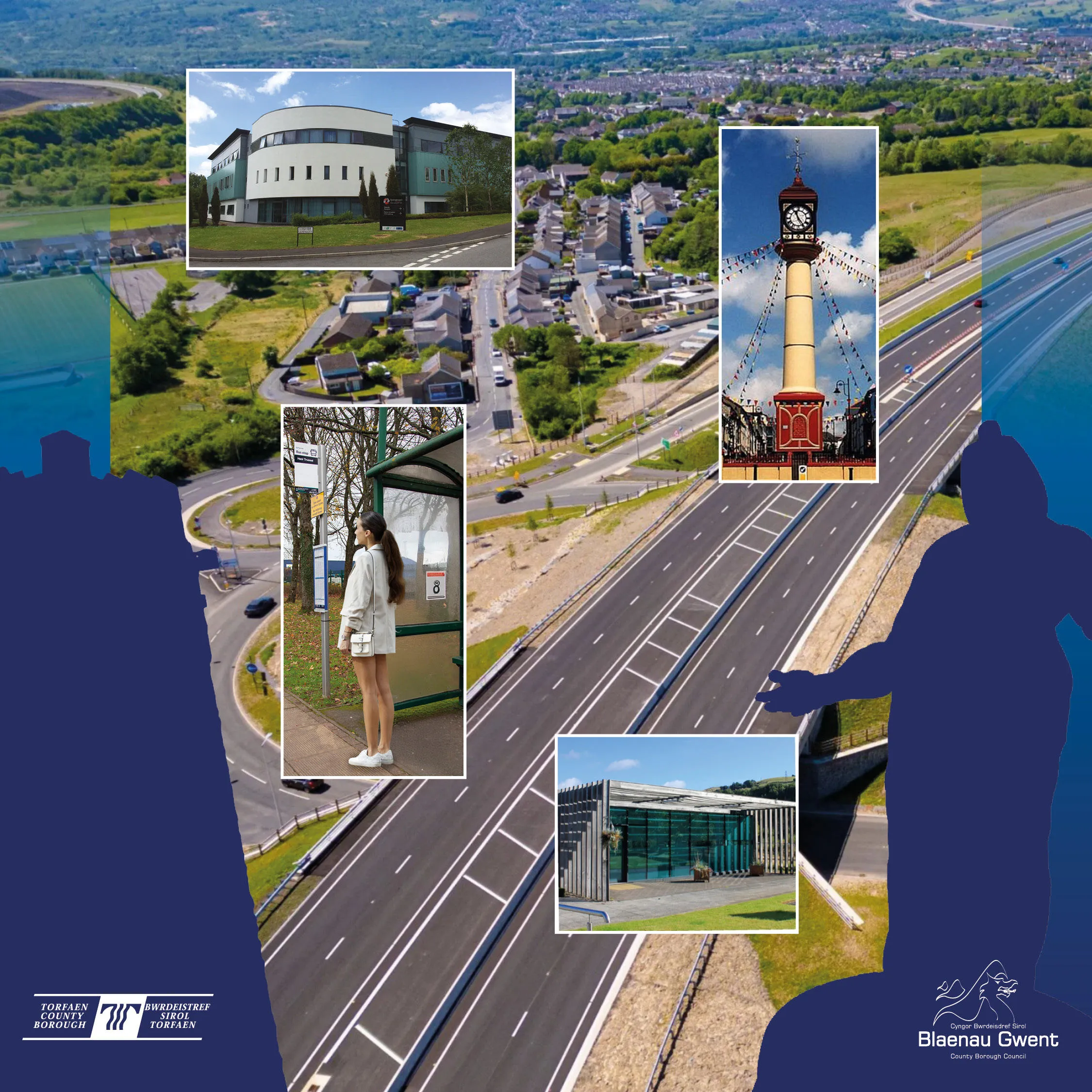 Montage of images of places of interest in Blaenau Gwent and Torfaen