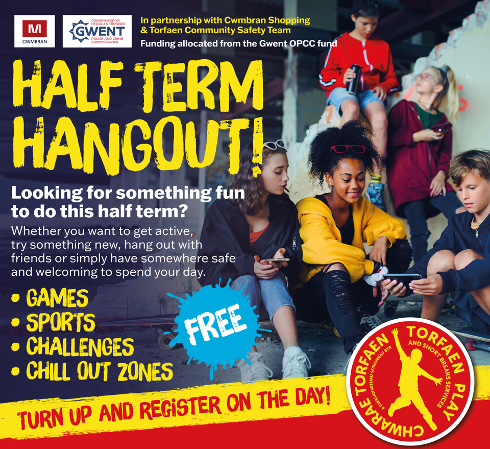An advert tor the Half Term Hangout initiative featuring a group of young people