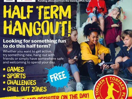 An advert tor the Half Term Hangout initiative featuring a group of young people
